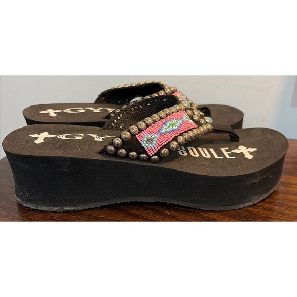 Womens Gypsy Soule Black Wedge Flip Flops Beaded Pink & Turquoise Strap Sz 9 - Picture 3 of 8